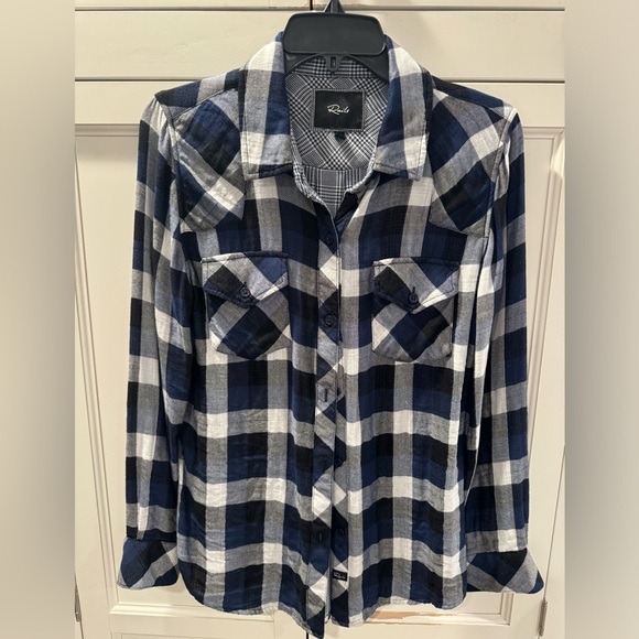 Rails Flannel Blue Black & White Plaid Long Sleeve Button Down Shirt - Picture 1 of 6